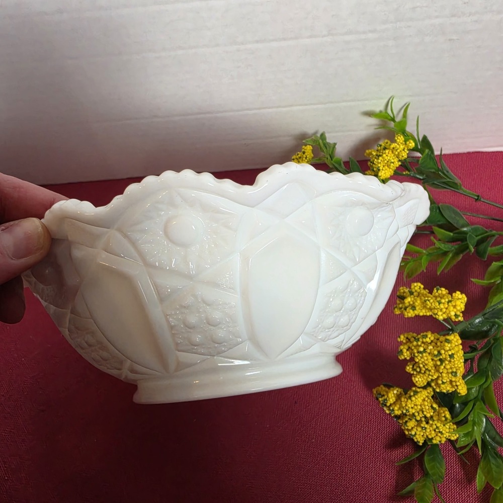 Vintage White Milk Glass Pedestal Centerpiece Bowl Geometric Panel Pattern 9" - Picture 3 of 7
